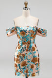 Sparkly Blue Off the Shoulder Floral Bodycon Short Homecoming Dress