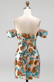 Sparkly Blue Off the Shoulder Floral Bodycon Short Homecoming Dress