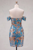 Sparkly Blue Off the Shoulder Floral Bodycon Short Homecoming Dress