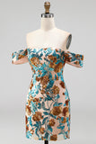 Sparkly Blue Off the Shoulder Floral Bodycon Short Homecoming Dress