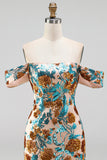 Sparkly Blue Off the Shoulder Floral Bodycon Short Homecoming Dress