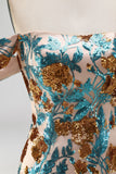Sparkly Blue Off the Shoulder Floral Bodycon Short Homecoming Dress