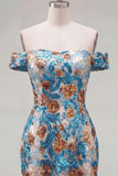 Sparkly Blue Off the Shoulder Floral Bodycon Short Homecoming Dress