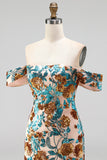 Sparkly Blue Off the Shoulder Floral Bodycon Short Homecoming Dress