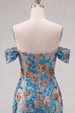 Sparkly Blue Off the Shoulder Floral Bodycon Short Homecoming Dress