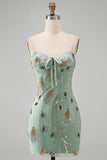 Sage Green Bodycon Beaded Short Homecoming Dress with Lace-up Back