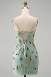 Sage Green Bodycon Beaded Short Homecoming Dress with Lace-up Back