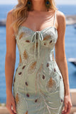 Sage Green Bodycon Beaded Short Homecoming Dress with Lace-up Back