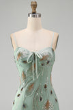 Sage Green Bodycon Beaded Short Homecoming Dress with Lace-up Back