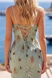 Sage Green Bodycon Beaded Short Homecoming Dress with Lace-up Back