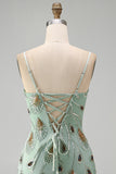 Sage Green Bodycon Beaded Short Homecoming Dress with Lace-up Back