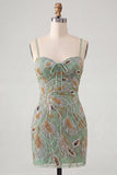 Sage Green Bodycon Beaded Short Homecoming Dress with Lace-up Back