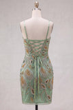 Sage Green Bodycon Beaded Short Homecoming Dress with Lace-up Back