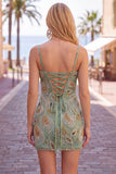 Sage Green Bodycon Beaded Short Homecoming Dress with Lace-up Back