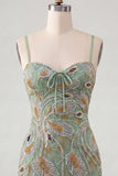 Sage Green Bodycon Beaded Short Homecoming Dress with Lace-up Back