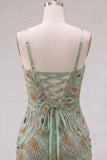 Sage Green Bodycon Beaded Short Homecoming Dress with Lace-up Back