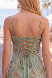 Sage Green Bodycon Beaded Short Homecoming Dress with Lace-up Back