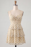 Champagne Black Polka Dot A Line Short Homecoming Dress