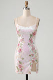 White Bodycon Sequin Floral Short Homecoming Dress with Slit