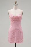 Pink Floral Cowl Neck Short Homecoming Dress