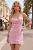 Pink Floral Cowl Neck Short Homecoming Dress