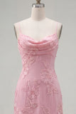 Pink Floral Cowl Neck Short Homecoming Dress