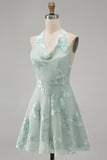 Halter A Line Sage Green Homecoming Dress