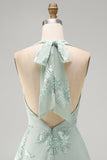 Halter A Line Sage Green Homecoming Dress
