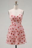 Pink Strawberry Print A Line Spaghetti Straps Short Homecoming Dress