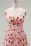 Pink Strawberry Print A Line Spaghetti Straps Short Homecoming Dress
