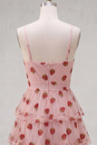 Pink Strawberry Print A Line Spaghetti Straps Short Homecoming Dress