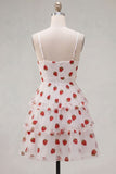 Pink Strawberry Print A Line Spaghetti Straps Short Homecoming Dress