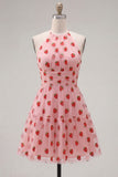 White Strawberry Print Halter A Line Short Homecoming Dress