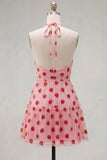 White Strawberry Print Halter A Line Short Homecoming Dress