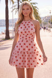 White Strawberry Print Halter A Line Short Homecoming Dress