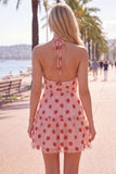 White Strawberry Print Halter A Line Short Homecoming Dress