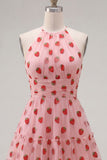 White Strawberry Print Halter A Line Short Homecoming Dress
