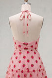 White Strawberry Print Halter A Line Short Homecoming Dress