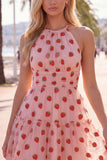 White Strawberry Print Halter A Line Short Homecoming Dress