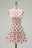 White Strawberry Print Halter A Line Short Homecoming Dress