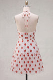 White Strawberry Print Halter A Line Short Homecoming Dress