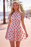 White Strawberry Print Halter A Line Short Homecoming Dress