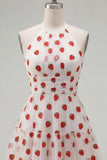 White Strawberry Print Halter A Line Short Homecoming Dress