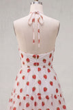 White Strawberry Print Halter A Line Short Homecoming Dress