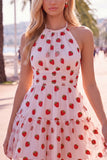 White Strawberry Print Halter A Line Short Homecoming Dress