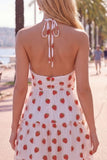 White Strawberry Print Halter A Line Short Homecoming Dress