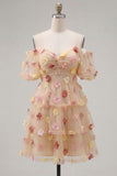 Champagne 3D Flower Cold Shoulder A Line Homecoming Dress