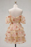 Champagne 3D Flower Cold Shoulder A Line Homecoming Dress