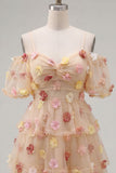 Champagne 3D Flower Cold Shoulder A Line Homecoming Dress