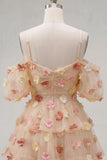 Champagne 3D Flower Cold Shoulder A Line Homecoming Dress